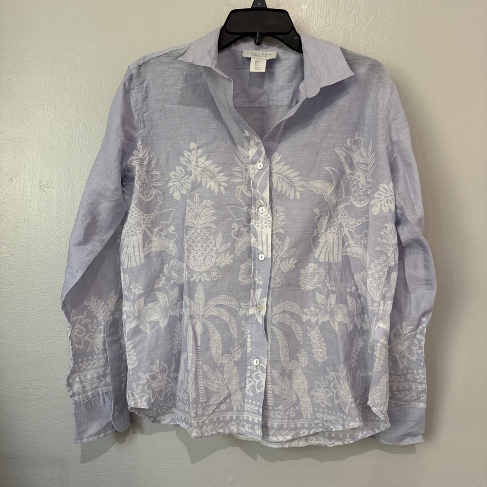 Calypso St Barth Blue White Tropical Pineapple Cotton Button Down Shirt Small